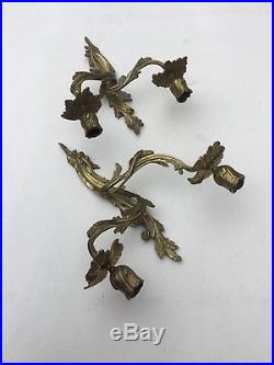 Antique French Rococo Style Gilt Bronze Pair Of Wall Sconces Candle Holders