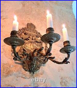 Antique, French, bronze, 3 position, candle wall sconce. Circa late 1800's