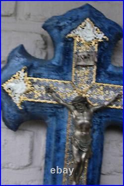 Antique French wall crucifix metal blue velvet