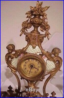 Antique Gilt Metal & Porcelain (3) Pc. Novelty Shelf Clock And Candle Holder Set