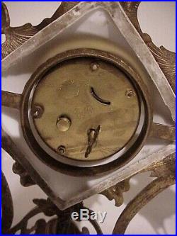Antique Gilt Metal & Porcelain (3) Pc. Novelty Shelf Clock And Candle Holder Set