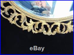Antique Gold Leaf Cast Metal BEVELED OVAL WALL MIRROR with Candle Holders