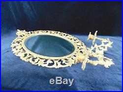 Antique Gold Leaf Cast Metal BEVELED OVAL WALL MIRROR with Candle Holders