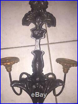 Antique Gothic Victorian Cast Iron Pair Wall Sconce Candle Holders