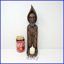Antique Hand Carved Wood Religious Monk Figure Wall Mount Candle Holder 14