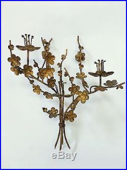Antique Italian Gilt Tole Asian Cherry Blossom Prunus Wall Candle Holder Sconce