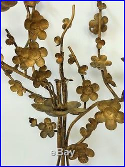 Antique Italian Gilt Tole Asian Cherry Blossom Prunus Wall Candle Holder Sconce