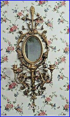 Antique Italian Gold Carved Wood Gesso And Metal 3 Candle Mirror Wall Sconceece
