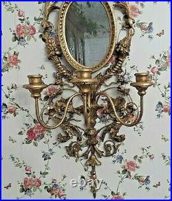 Antique Italian Gold Carved Wood Gesso And Metal 3 Candle Mirror Wall Sconceece