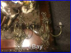 Antique Large Pair (2) Brass Wall Sconce Candle Holders-Holds 3 Tapers-17.5x 12