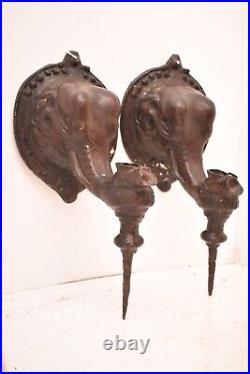 Antique Metal Figural Elephants Candlestick Sconce Wall Mount Candle Holder