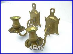 Antique Old Brass Metal Pair Oriental Candlesticks Wall Sconces Candle Holders