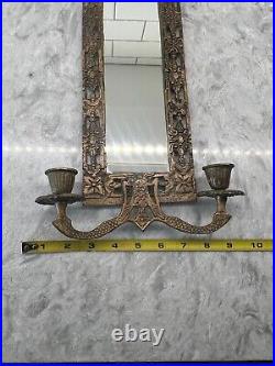 Antique Oriental Bronzed Metal Mirror Candle Holder Wall Sconce with Koi Fish