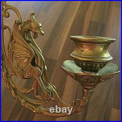 Antique Ornate Brass Griffin Piano Candle Holders / Wall Sconce