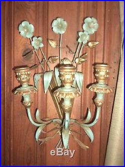Antique Painted Metal Wood Gold Gilt Flower Bouquet Ribbon Candle Wall Holder