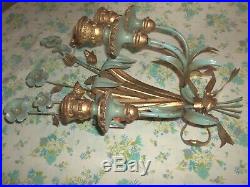 Antique Painted Metal Wood Gold Gilt Flower Bouquet Ribbon Candle Wall Holder