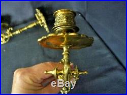 Antique Pair 0f Brass Rotating Piano Wall Mounted Candle Holder Sconces