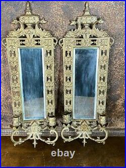 Antique Pair 1880s Bronze Victorian Blaesius Dauphins Bevel Mirror Candlesticks