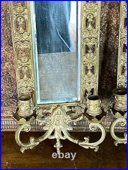 Antique Pair 1880s Bronze Victorian Blaesius Dauphins Bevel Mirror Candlesticks