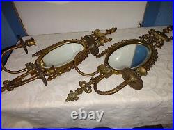 Antique Pair Brass Art Deco Pagoda Brass Mirror Wall Sconces Candle Holders 24