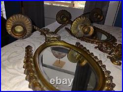 Antique Pair Brass Art Deco Pagoda Brass Mirror Wall Sconces Candle Holders 24