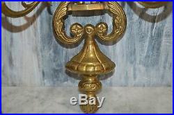 Antique Pair Brass Two Arm Candle Sconces Holders Wall Mount Shell Leaf Motif