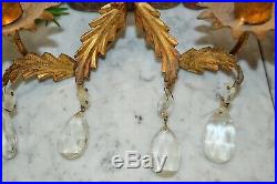 Antique Pair Italian Gilt Tole Candle Holder Wall Sconces Chandelier Crystals