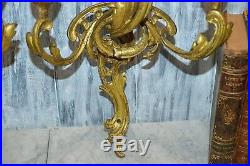 Antique Pair Large French Ormolu Rococo 3 Arm Candle Wall Sconces Holders