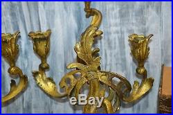 Antique Pair Large French Ormolu Rococo 3 Arm Candle Wall Sconces Holders
