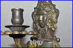 Antique Pair Of Art Nouveau Lady Figuralbrass Wall Candle Holder Wall Sconce