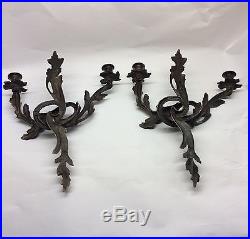 Antique Pair Of French Louis XV Rococo Solid Bronze Wall Sconce Candle Holder