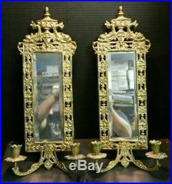 Antique Pair Of Gilt Finish Metal Double Candle Holder Wall Sconce Fish Mirrors