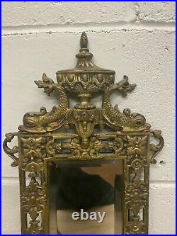 Antique Pair Of Gilt Metal Double Candle Holder Wall Sconces Fish Mirrors b71