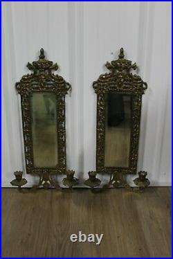 Antique Pair Of Hanging Brass Wall Mirror Dolphin Figural Candle Holder Bradley