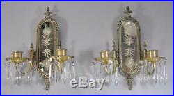 Antique Pair Of Silver Plate Etched Cut Glass Double Candle Holders Wall Sconces