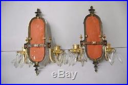 Antique Pair Of Silver Plate Etched Cut Glass Double Candle Holders Wall Sconces
