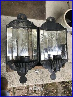 Antique Pair Primitive Punched Tin Wall Sconces Candle Holder Mirror Reflectors