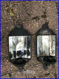 Antique Pair Primitive Punched Tin Wall Sconces Candle Holder Mirror Reflectors