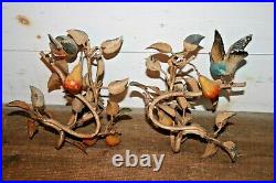 Antique Pair Tole Iron Fruit Birds Wall Candle Sconces Shabby Chic Toleware