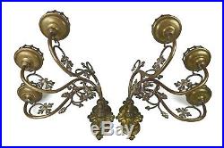 Antique Pair of Brass Gothic Revival Wall Mounted Triple Candelabras, French