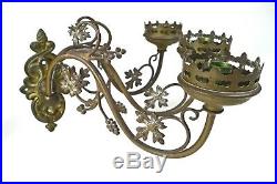 Antique Pair of Brass Gothic Revival Wall Mounted Triple Candelabras, French