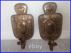 Antique Pair of Brass Swedish Folk Art Hand Tooled Candle Wall Sconces