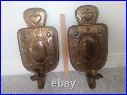 Antique Pair of Brass Swedish Folk Art Hand Tooled Candle Wall Sconces