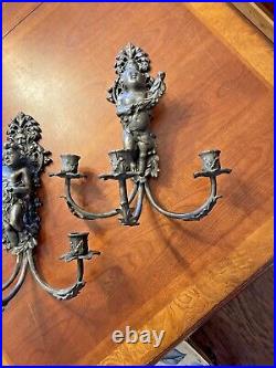 Antique Pair of French HEAVY Bronzed/Brass 3 Arm Cherub Wall Candle Sconces READ