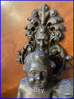Antique Pair of French HEAVY Bronzed/Brass 3 Arm Cherub Wall Candle Sconces READ