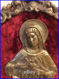 Antique Rare Wall Panel Plaque Of MARY WithSmall Candle Holders. Beautiful Brass