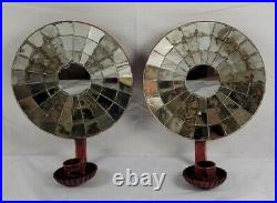 Antique Red Tin Mirror Mosaic Candle Holder/Wall Sconces (Pair of 2)