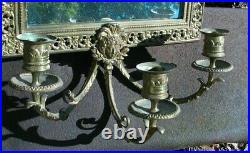 Antique Repousse Brass Wall Mirror Sconce Triple Candle Holder Dolphis Bust