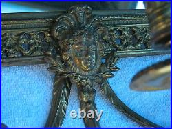 Antique Repousse Brass Wall Mirror Sconce Triple Candle Holder Dolphis Bust