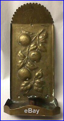 Antique Repousse Hammered Brass Wall Sconce Candle Holder Arts & Crafts Nouveau